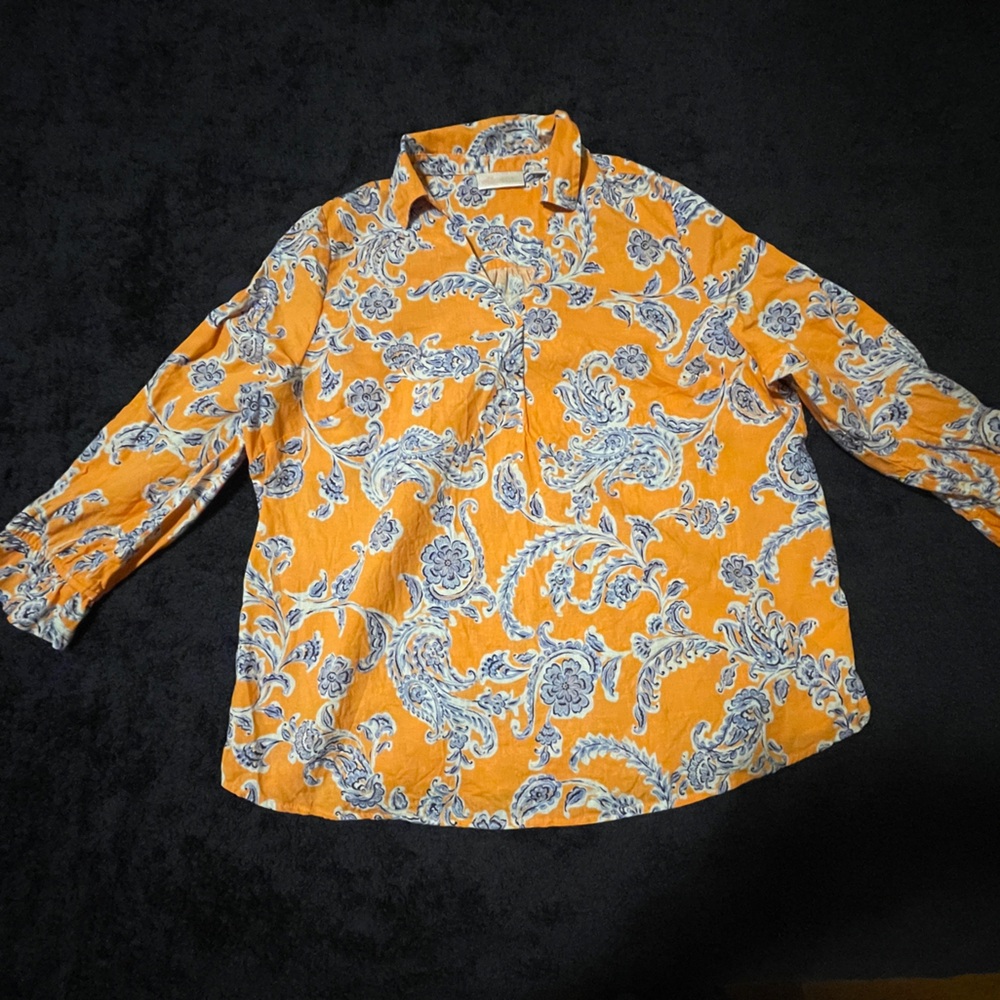 Belle by Kim Gravel Linen Rayon True Blue Popover Blouse bright orange color